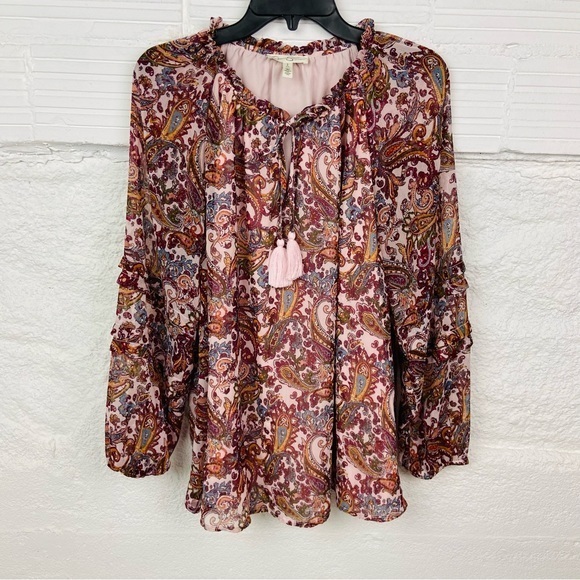 Jessica Simpson Tops - JESSICA SIMPSON MATERNITY pink tassel paisley peasant boho blouse size small